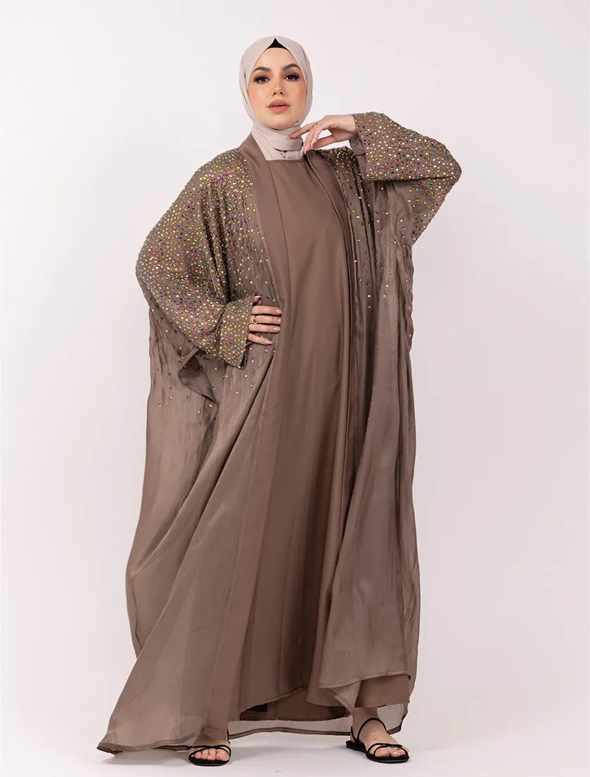 Mocha Multi Crystal Embellished Sheer Overlay Abaya